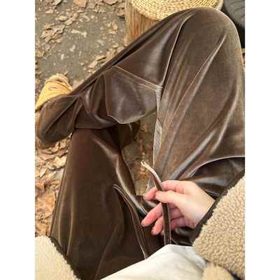 美拉德棕色金丝绒阔腿裤女秋冬季加绒高腰垂感宽松显瘦拖地裤