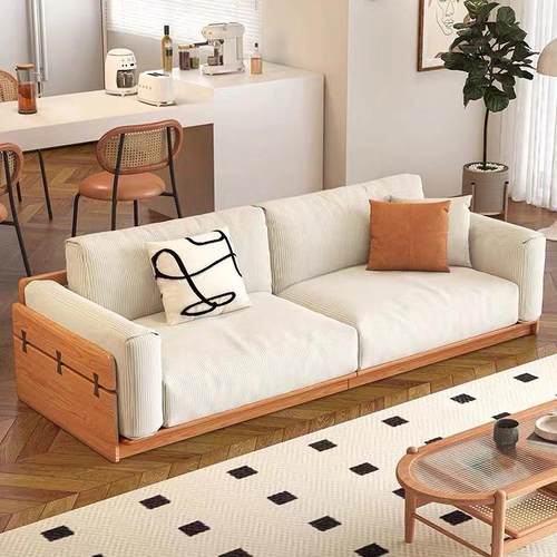 北美全实木沙发小户型原木风客厅落地直排三人位灯芯绒布艺沙发