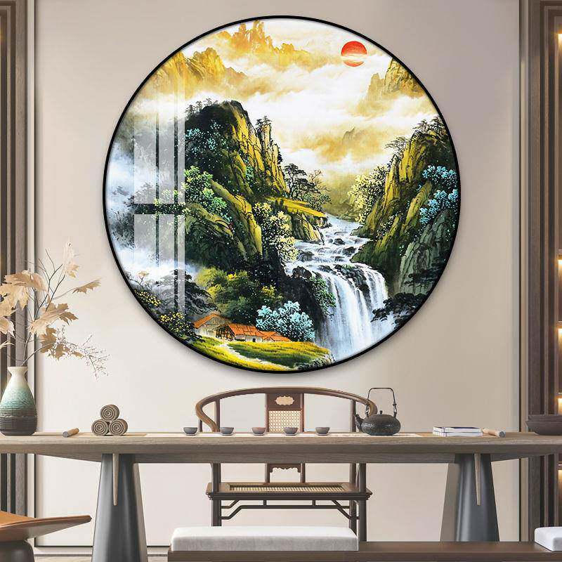 圆形墙玄关装饰壁画新中392式国山水画入户正对门挂画中风走廊过