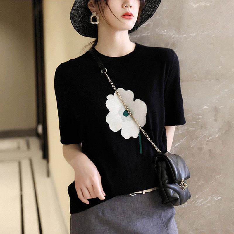 黑色冰丝针织衫短袖t恤女2025年新款夏季韩版宽松半袖印花上衣女