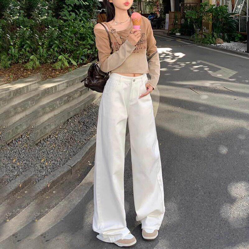 英国DGKP百搭白色牛仔裤女2026新款阔腿高腰宽松垂感直筒裤