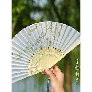 汉代舞蹈古扇子女竹二清学生仙折扇丝绸旗袍折扇覆古