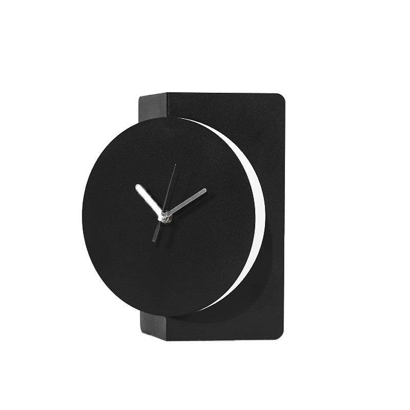 现代极简约诧寂风黑色金属哑光磨砂质感几何装饰闹钟座钟摆件个性