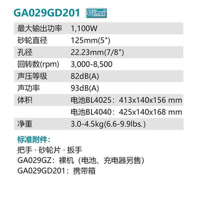 牧田（MAKITA）GA029GD201充电式角向磨光机打磨机手砂轮40V2.5AH