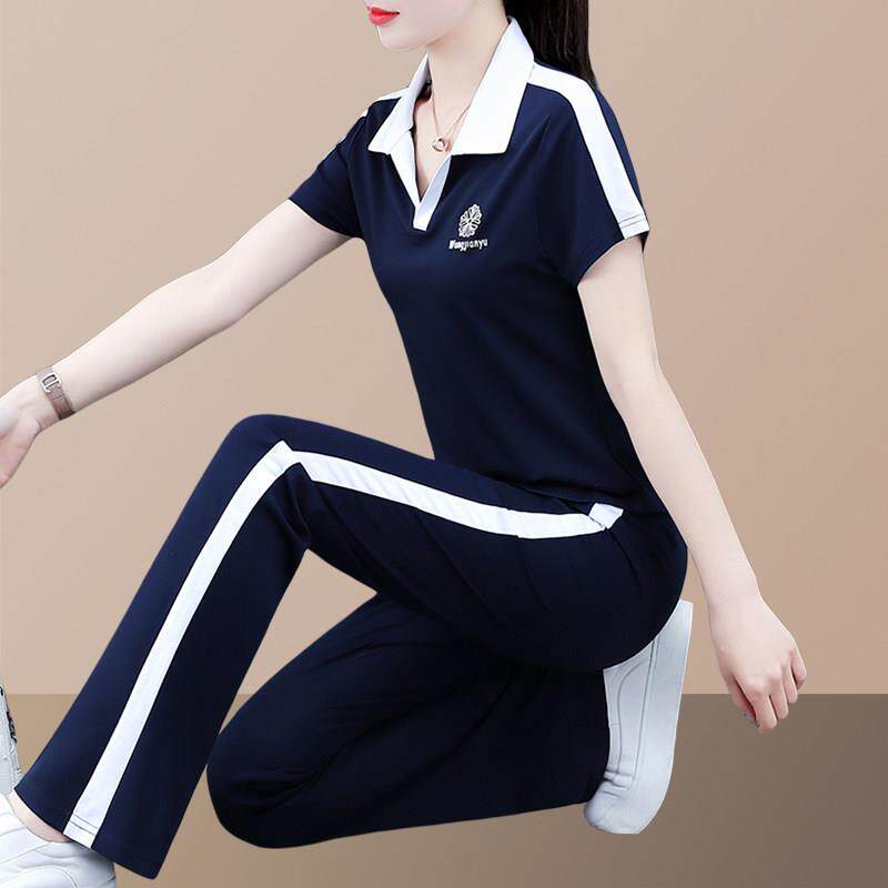冰丝薄款休闲 运动套装女2025新款polo领短袖夏装长裤跑步服两件