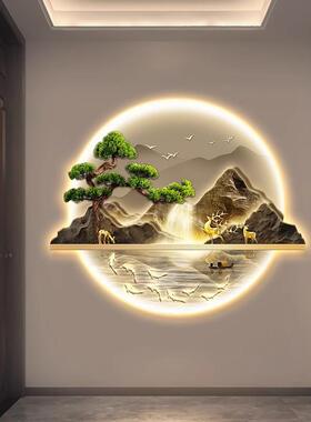新中式入户玄关装饰画流水生财山水画带灯走廊过道挂画迎客松壁画