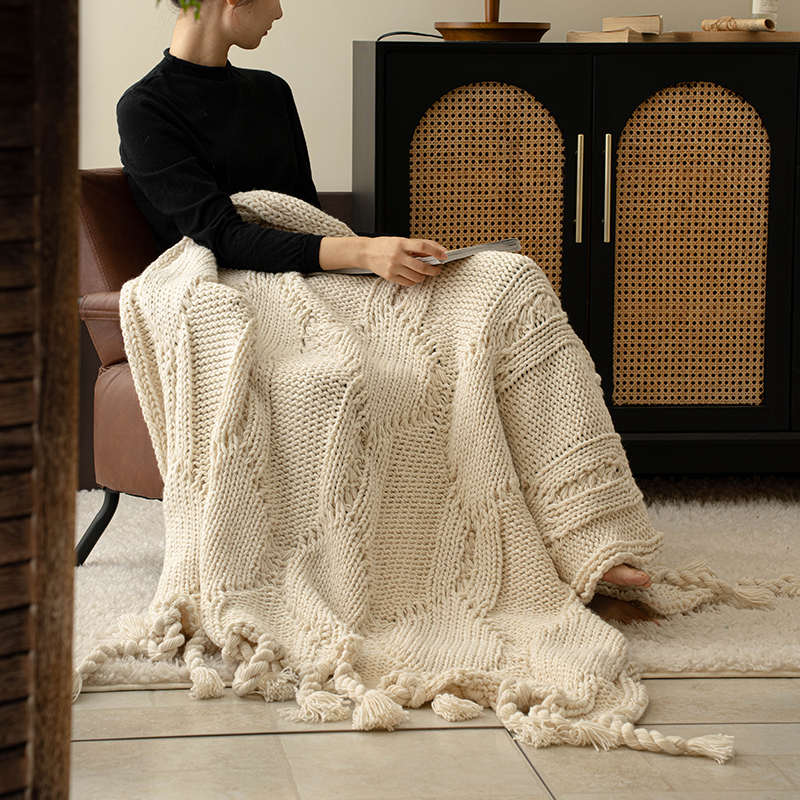 北欧 冰岛毛 纯手工棒针编织休闲毯 时尚柔软毯子 沙发毛毯盖毯