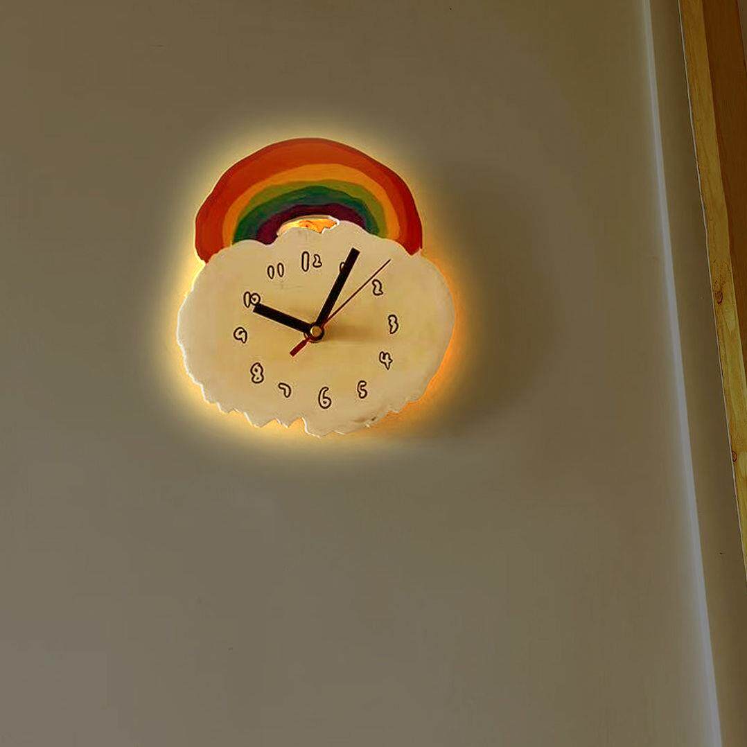 文艺小清新彩虹静音挂钟表云朵高颜值多巴胺配色遥控发光装饰时钟