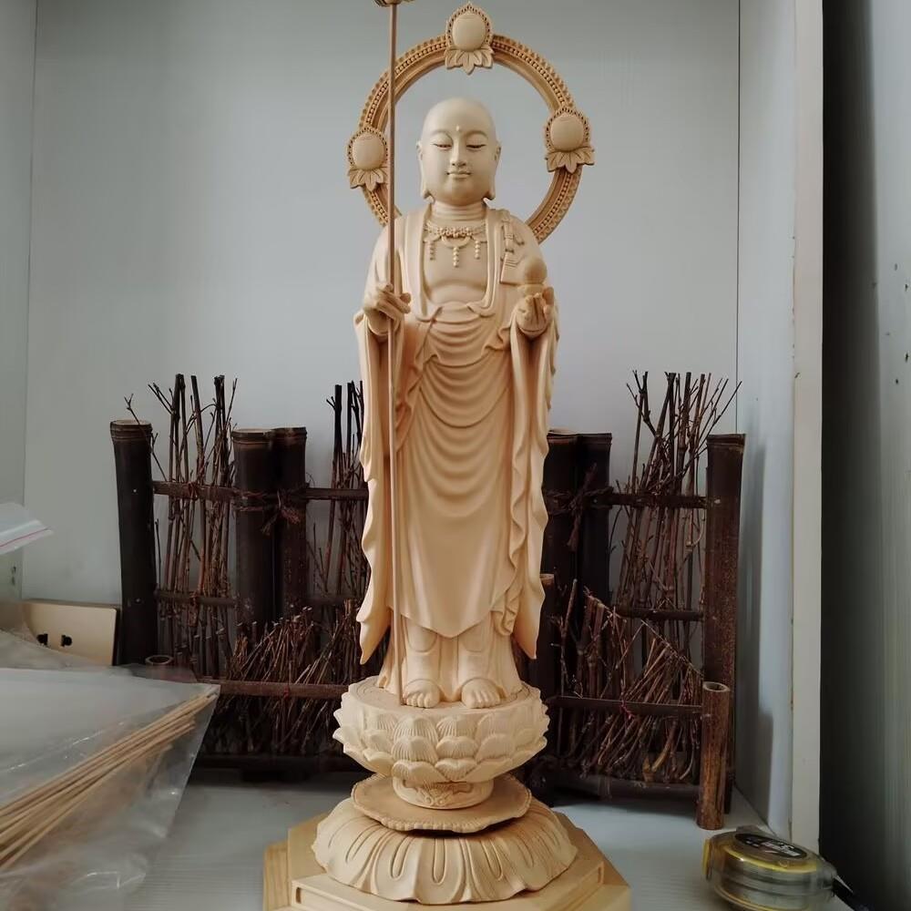 桧木雕立莲花地藏王49公分高家居木雕摆件木质工艺品摆件
