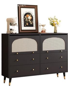 y餐hu黑色编斗柜餐边柜一体法NSX式复古藤厅厅靠客墙收纳柜多功能