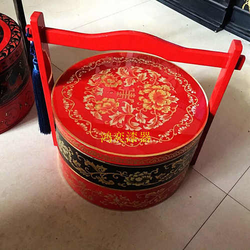 推光漆器木质手提篮圆形提盒多层结婚礼金盒中国民俗彩绘食盒厂家