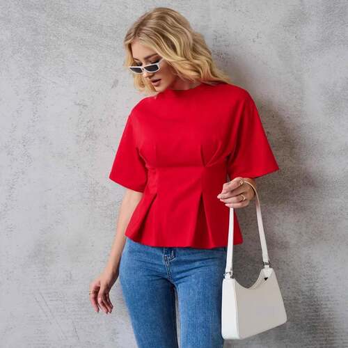 Women'S Round Neck Slimming Waist Fitted Basic T-Shirt ,