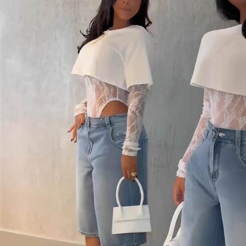 Lace T-shirt Top jumpsuit Women's round neck long sleeved