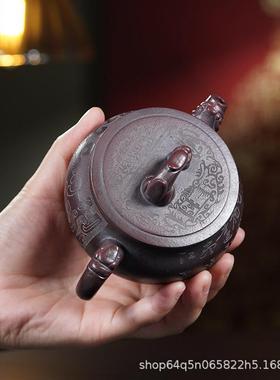 宜兴原矿正18144宗手古红刻绘汉瓦壶紫家砂壶大容量用茶壶泡单工