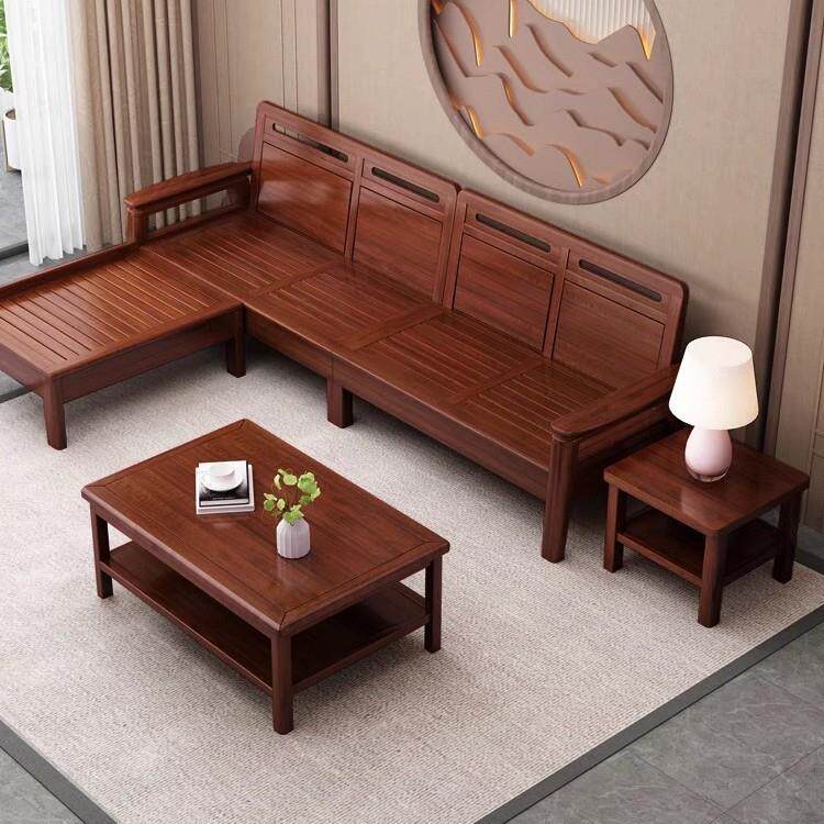 中式冬夏两用实木沙发贵妃组合小户型1+2+3胡桃木客厅电视柜家具