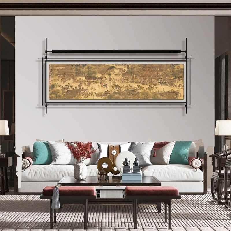新中式发光灯挂画金属入户玄关壁灯画框装饰挂件客厅餐厅立体挂画
