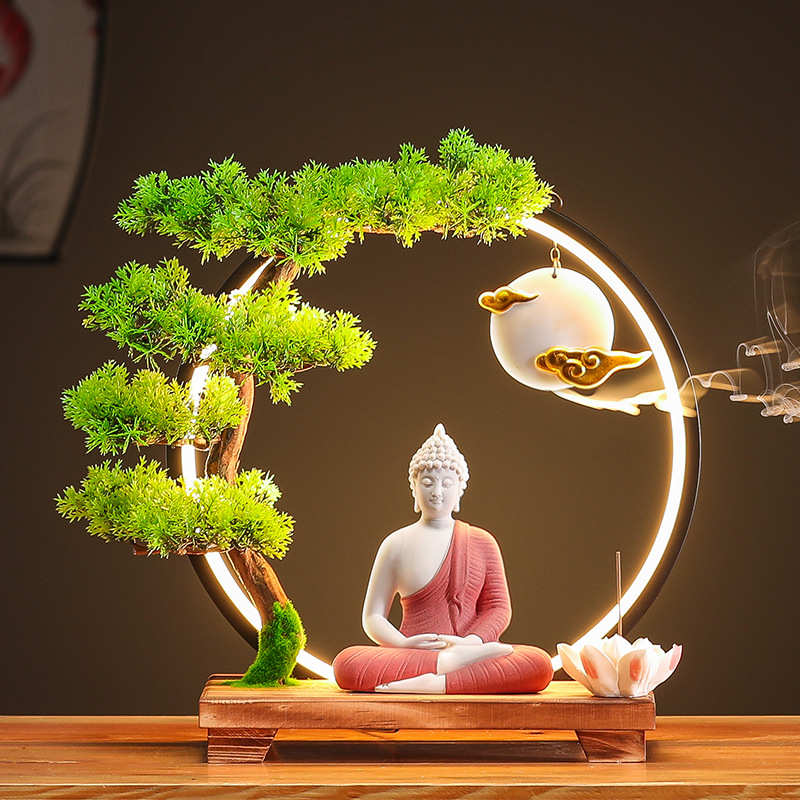 新中式创意如来佛祖主摆件玄关释迦摩尼倒流香迎客松家居禅意供奉