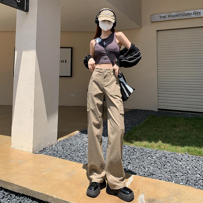 英国DGKP卡其色高腰直筒工装牛仔裤女春秋季宽松显瘦美式阔腿裤子