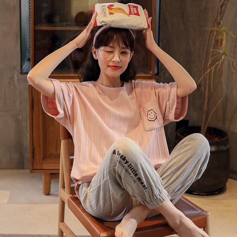 2025年新款睡衣女夏短袖长裤简约慵懒薄款韩国收口束脚家居服套装