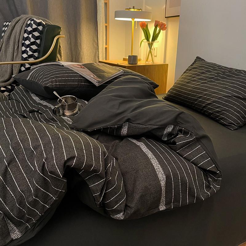 简约北欧男生深灰条纹格子被套床笠床上用品四件套床单宿舍三件套