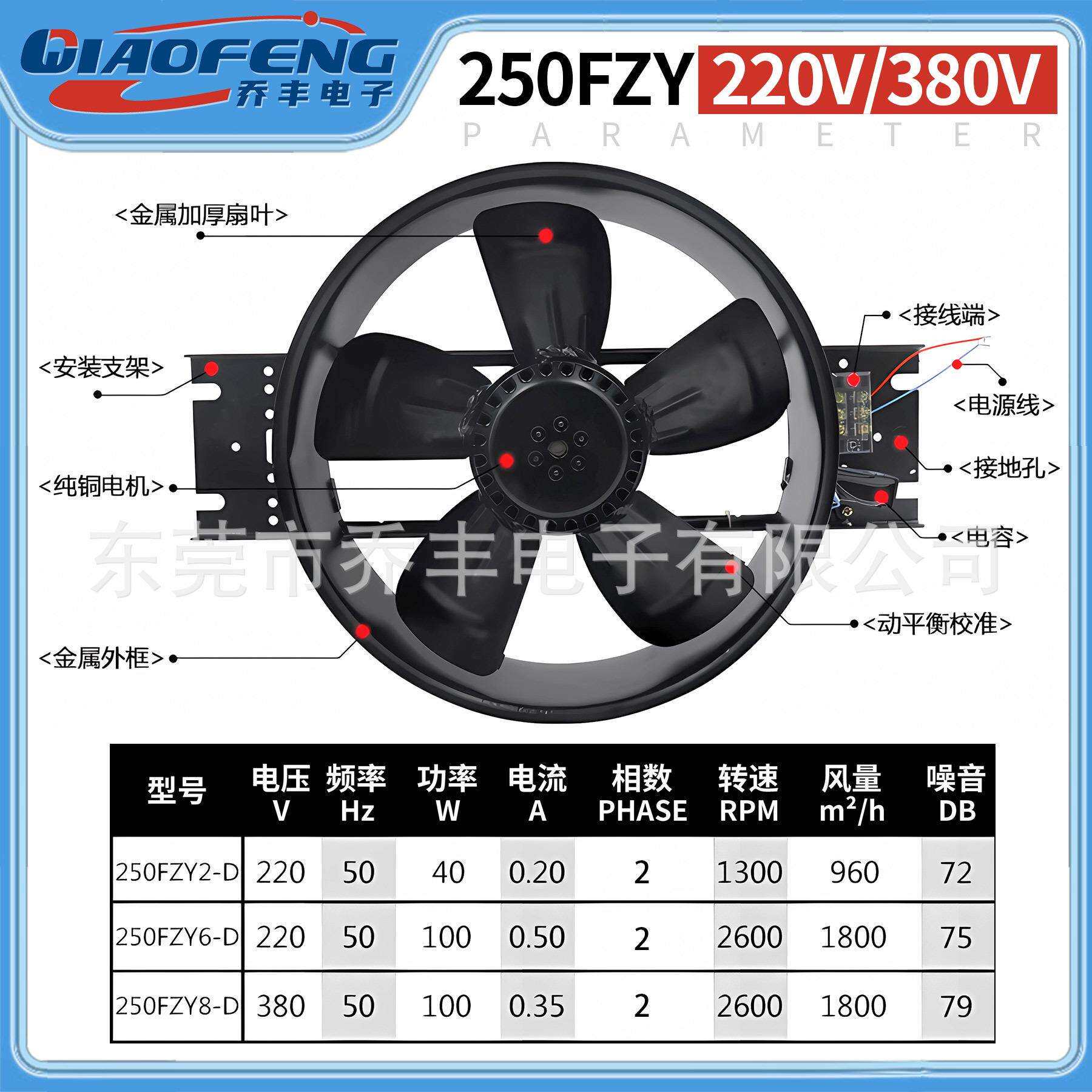 欣瑞丰250ZY6-D/8-D220v外转子工频轴流风机机柜工业电箱散热风扇