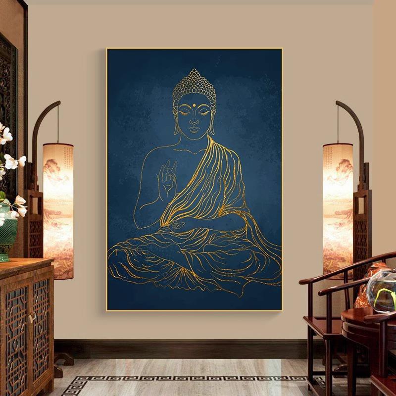 新中式客厅佛像唐卡挂画禅意平安轻奢装饰画释迦摩尼画像玄关挂画