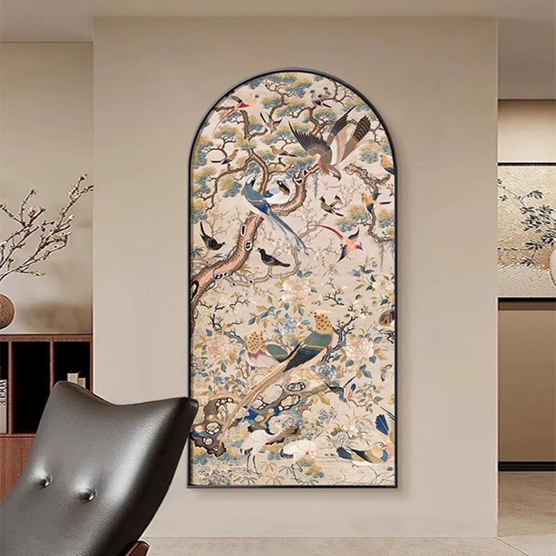 北欧法式复古玄关中式花鸟装饰画高级感走廊过道挂画客厅艺术壁画