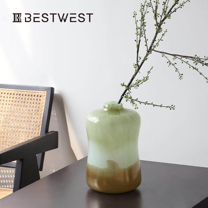 Best west 抹茶绿色渐变玻璃花瓶摆件 高档家居样板间软装饰品花