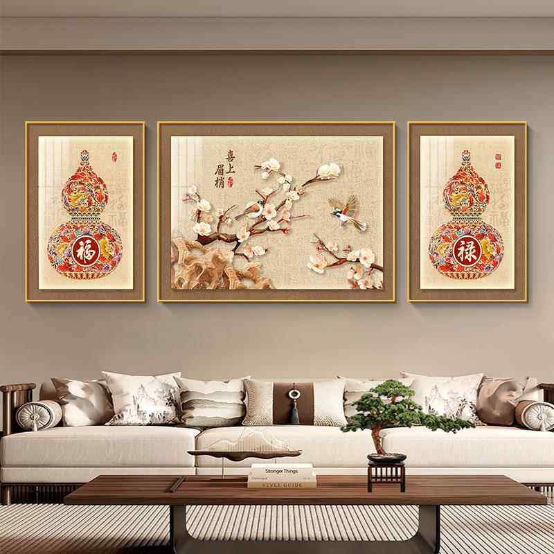 福禄葫芦客厅挂画2025新款新中式沙发背景墙三联画喜上眉梢装饰画,家居饰品,现代装饰画,淘宝优惠券,粉丝福利购,淘宝优惠卷