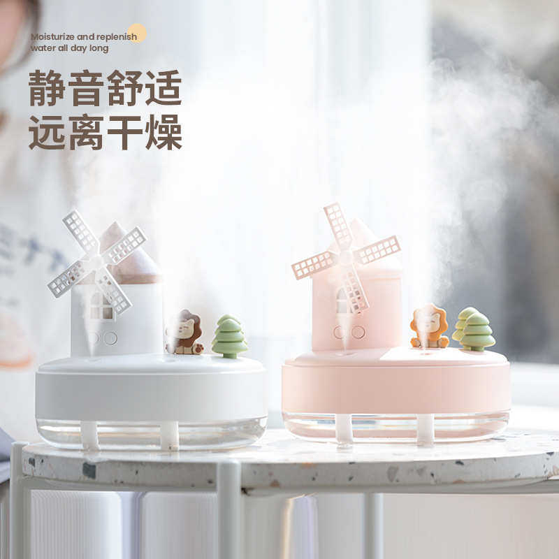新款风车音乐加湿器 双喷雾无线迷你桌面萌宠风车空气加湿器礼品
