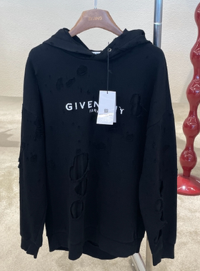 [99新]纪梵希SS23Logo字母印花Paris破洞做旧纹理连帽卫衣黑色#M