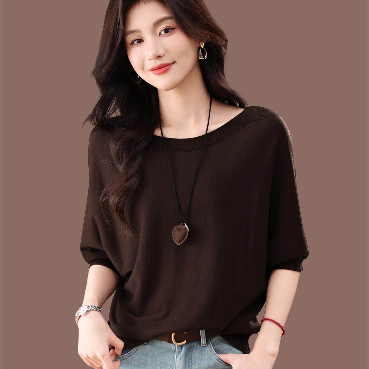 桑蚕丝薄款冰丝针织中袖t恤上衣女装夏季妈妈蝙蝠衫宽松小衫