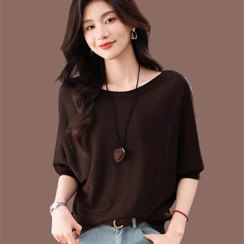 桑蚕丝薄款冰丝针织中袖t恤上衣女装夏季妈妈蝙蝠衫宽松小衫