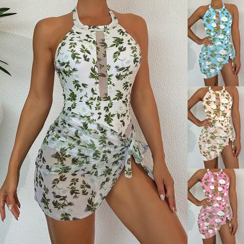 Printed mesh one-piece swimsuit with two swimsuits