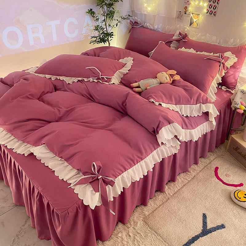 高档韩式水洗床棉床上四件套ins风公裙少女心主风床单被套床罩三