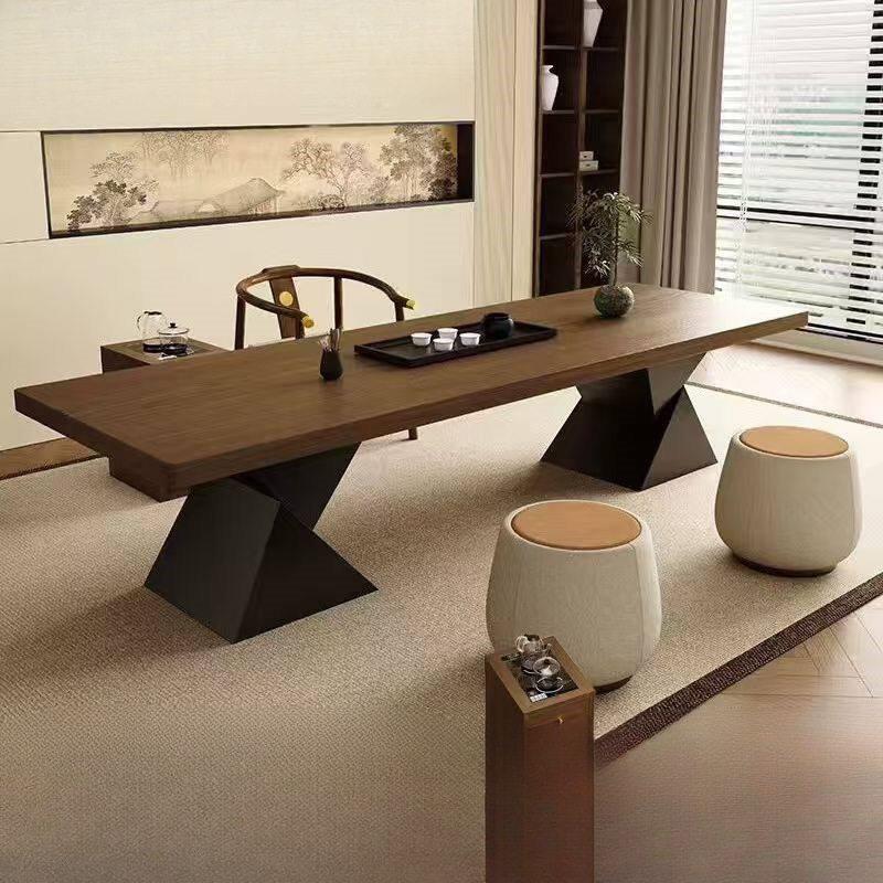 新中式实木大板茶桌大叶松原木公桌书桌一体两用宋式美学茶台