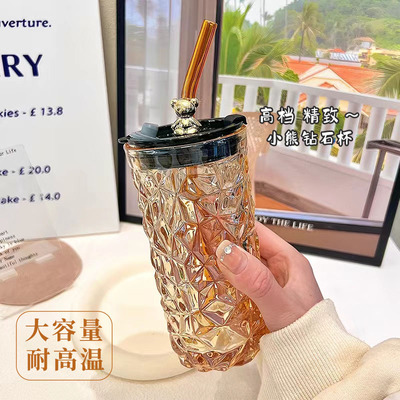 日本轻奢玻璃杯子大容量耐高温带盖子吸管咖啡牛奶杯高档精致女生