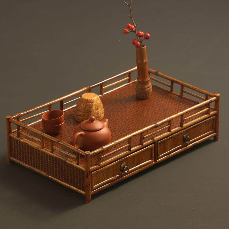 梅鹿竹制桌面茶棚茶道配件收纳盘带抽屉小茶台茶具展示架茶桌摆件