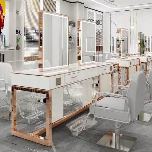 网红理/发台店镜台柜子一带体美发店大理石灯面剪发镜子led双面镜