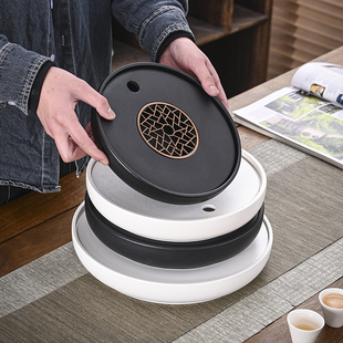 粗陶茶盘家用茶海沥水盘陶瓷圆形储水盘轻奢高档干泡茶台茶具托盘