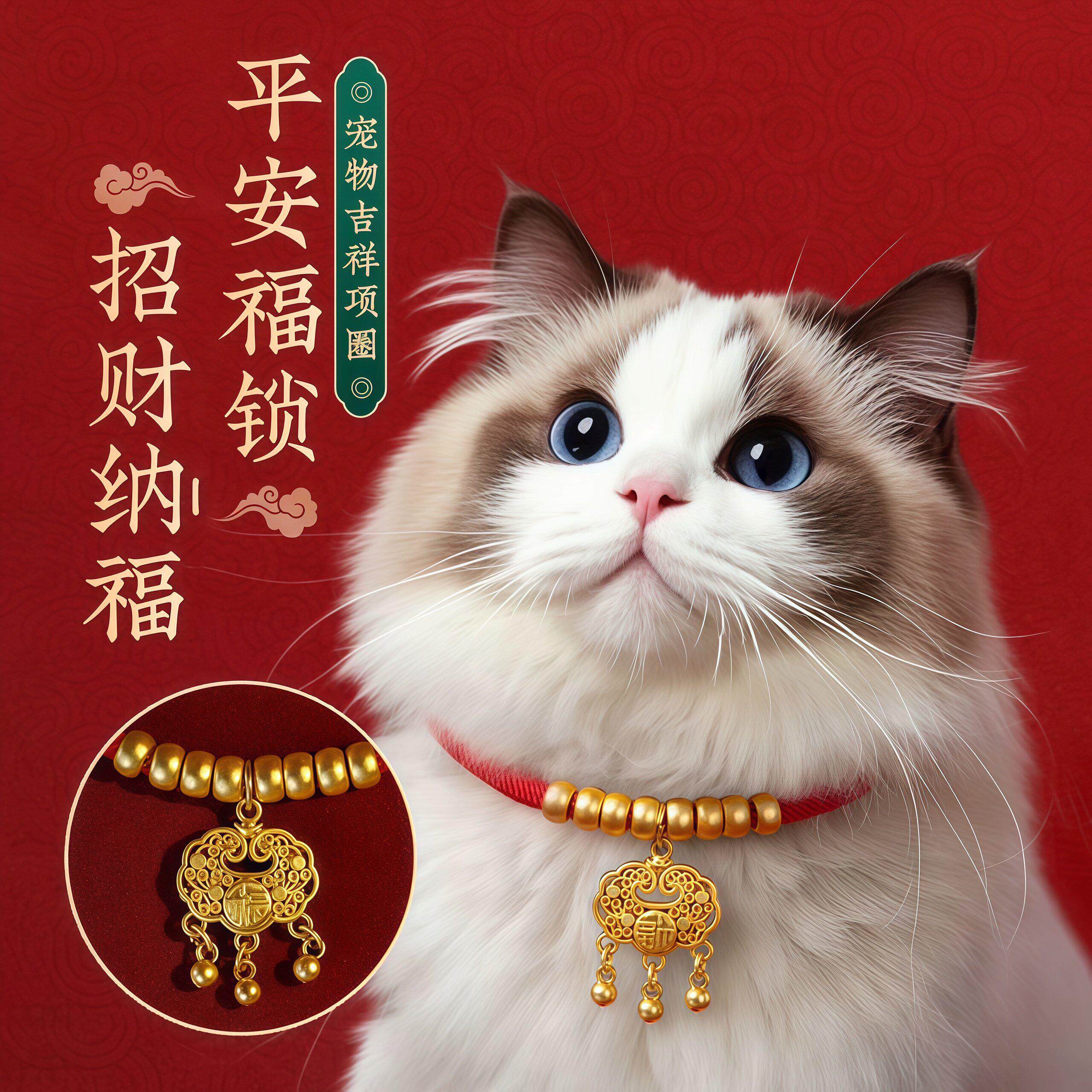 猫项圈富贵长命锁高颜值宠物金锁项链无声铃铛猫咪配饰狗脖子挂饰