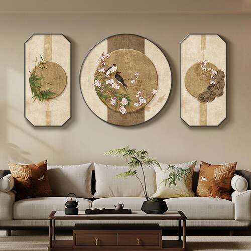 喜上眉梢新中式客厅装饰画三联玉兰沙发背景墙挂画寓意好茶室壁画