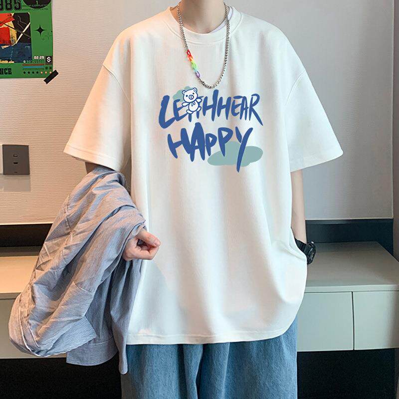 港风t恤男新款短袖夏季上衣学生宽松五分袖情侣体恤半截袖打底衫