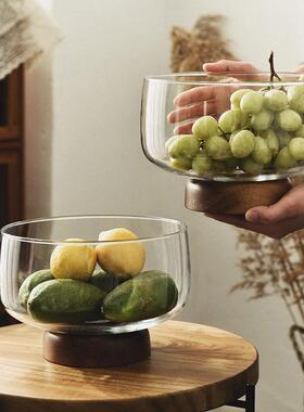 Contemporary Fruit Display Bowl Glass Candy Bowl withWood