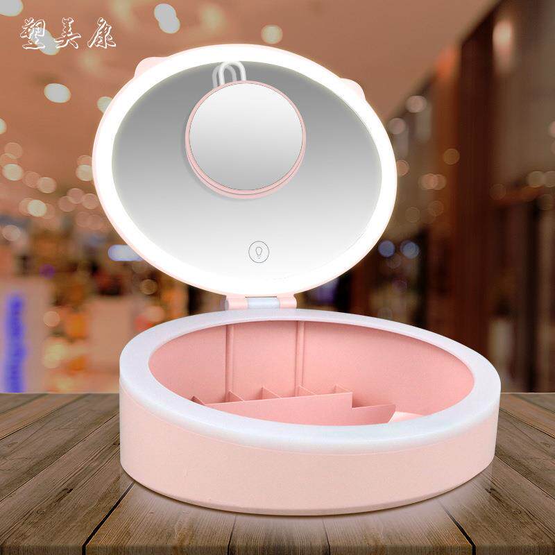 台式led化妆镜收纳盒一体带灯桌面三色补光家用便携旋转补光镜子