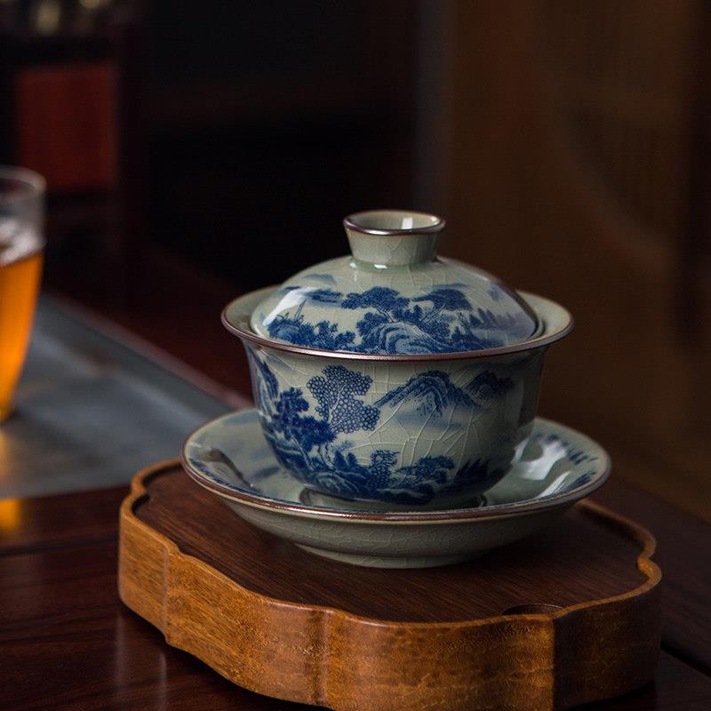 景德镇陶瓷盖碗青花山水三才盖碗功夫茶具水墨风家用开 片泡茶碗