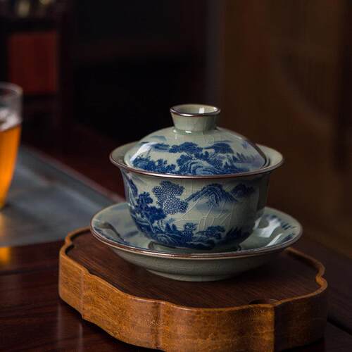 景德镇陶瓷盖碗青花山水三才盖碗功夫茶具水墨风家用开 片泡茶碗