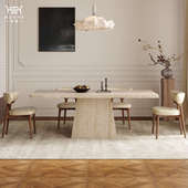 法式 洞石岩板餐桌现代简约中古风长方形餐桌设计师家用小户型