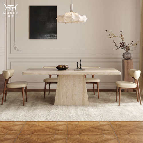 法式洞石岩板餐桌现代简约中古风长方形餐桌设计师家用小户型