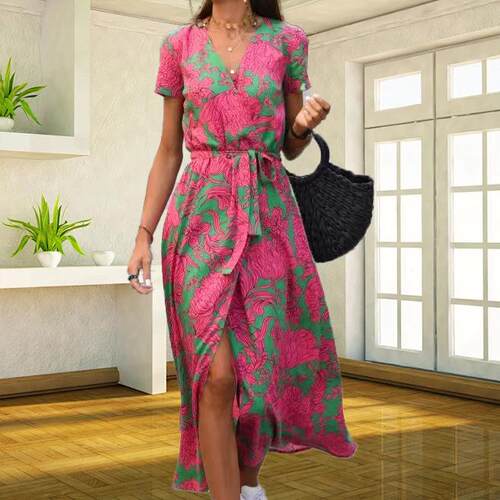 Women's printed dress V-neck split mid length group